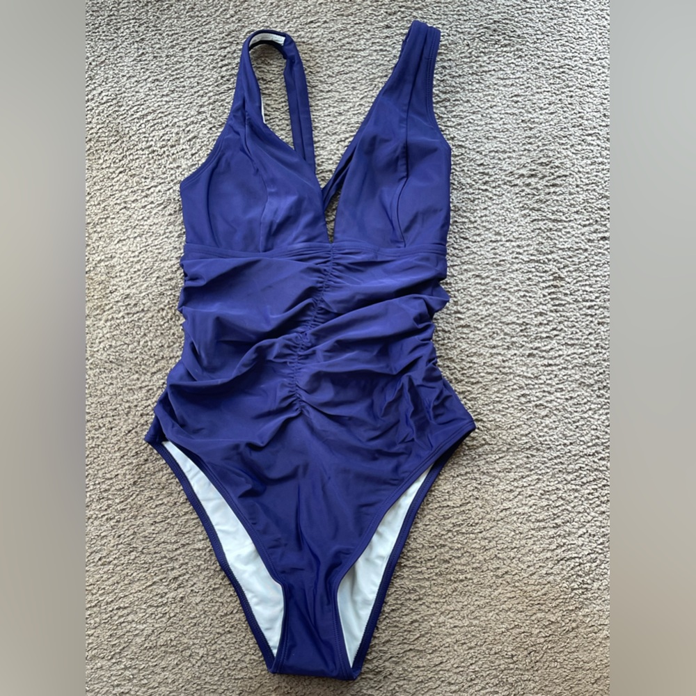 Cupshe 1 Piece Gathered Front & Tie Back Swim Suit. Navy Blue. Size M.
